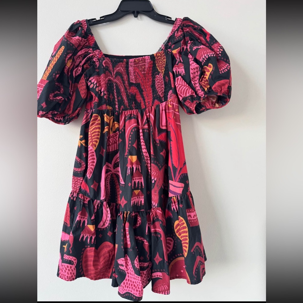 Farm Rio Black & Pink Puff Sleeve Tiered Dress